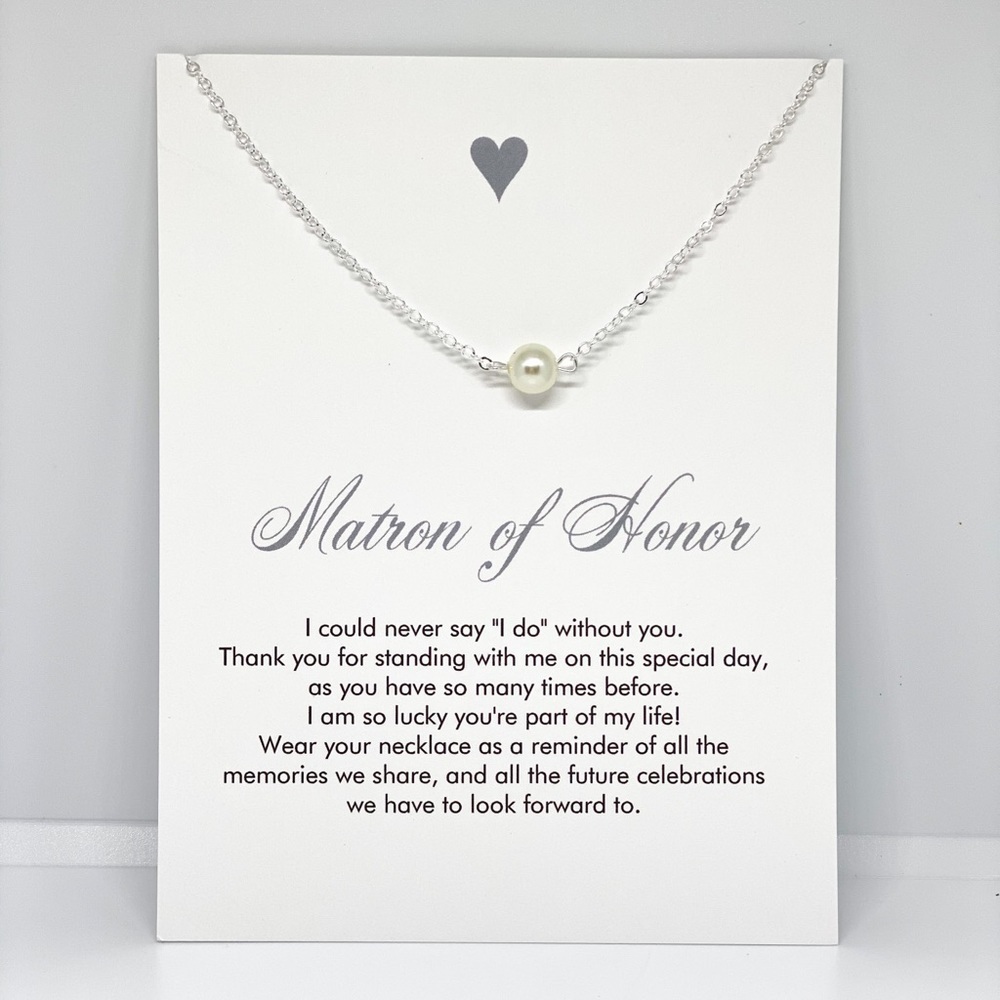 Big Day Boxes Matron of Honor Pearl Pendant Necklace Wedding Gift Card Silver